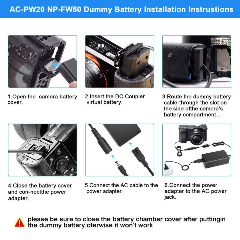 TKDY NP-FW50 ZV-E10 Dummy Battery and AC-PW20 Continuous Power Supply Adapter Kit Compatible for Sony Alpha ZVE10 A6400 A6000 A6100 A5100 A7 A7II Cameras. - Image 3